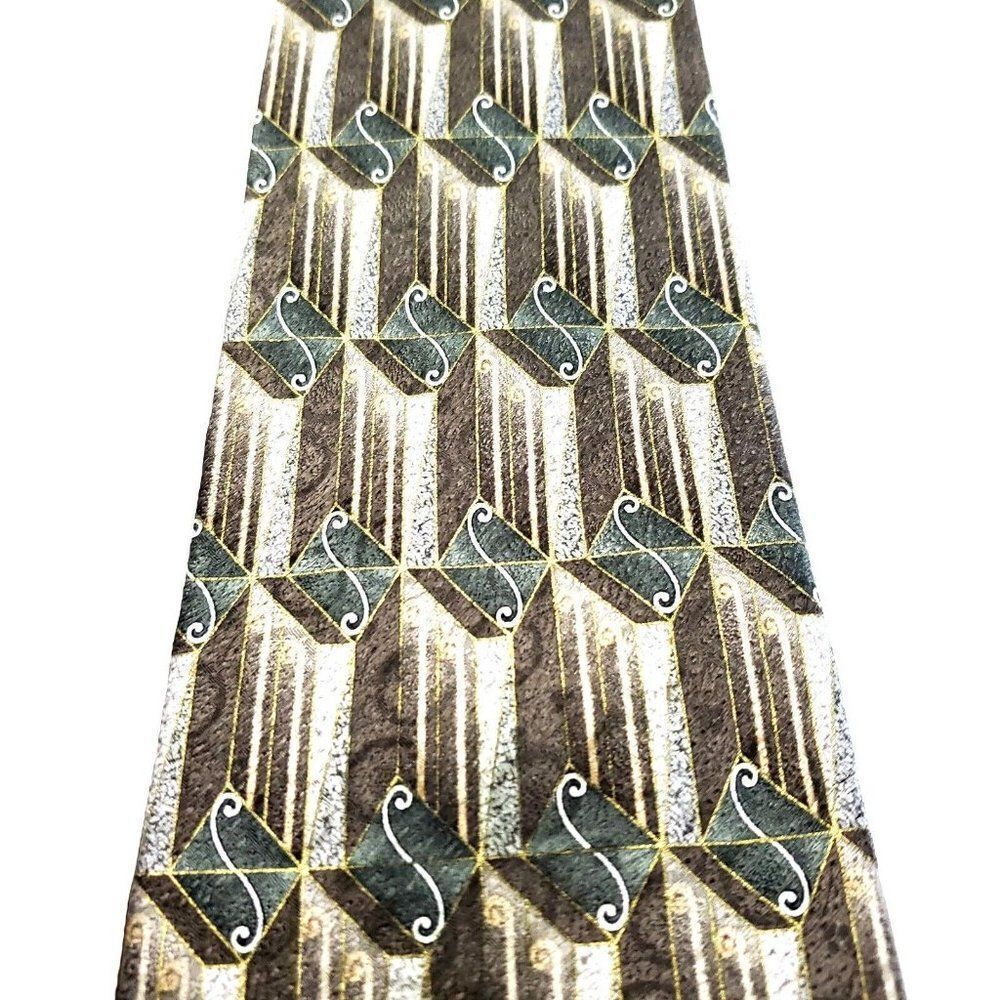 Stafford Executive Silk Tie‎ Brown Green Geometric Print Wide - Picture 2 of 6